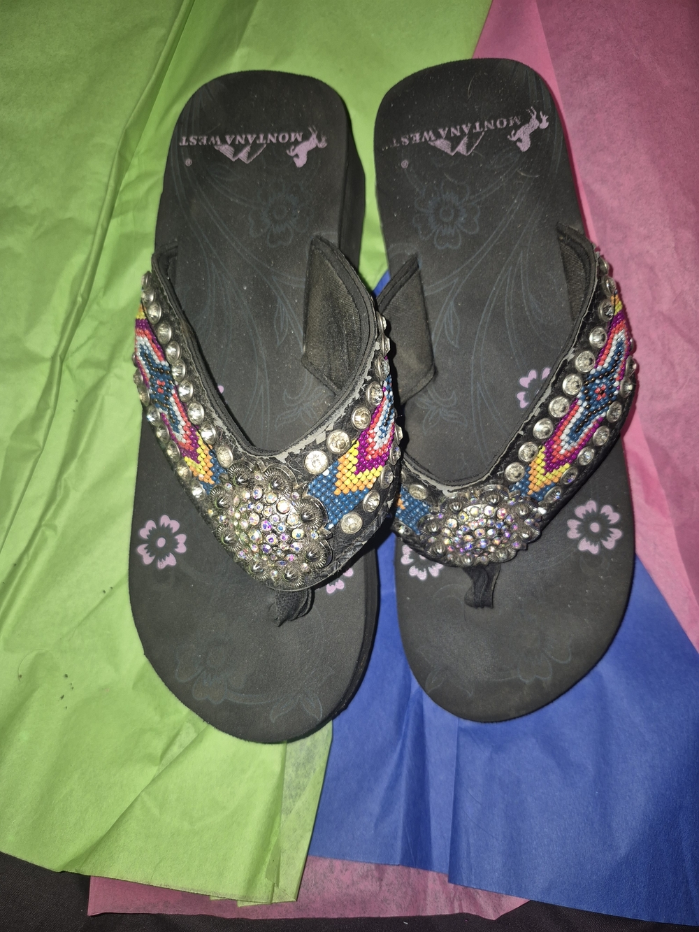 Montana West Black Multicolor Beaded Crystal Sandal Flip Flops